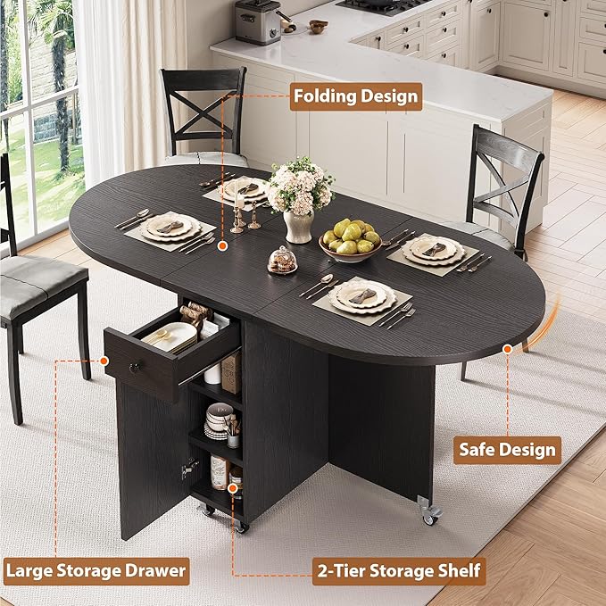 Folding Dining Table for 4 Kitchen Dining Room DinnerTable with Storage Drawer Space Saving Oval Foldable Drop Leaf Gateleg Furniture for Small Space (Black, 51 * 31.5 * 30)