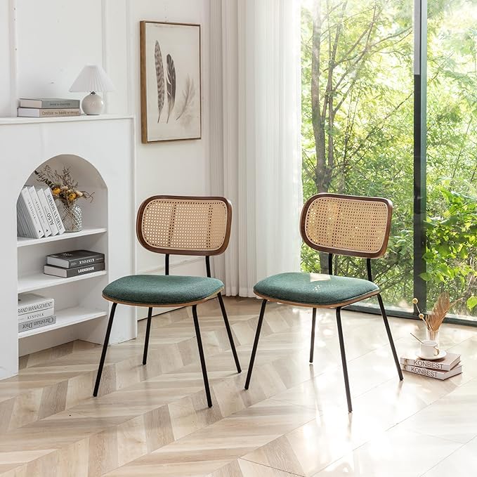 Rattan Dining Chairs Set of 4, Christmas Chair Mid Century Modern Dining Chairs with Cane Back for Kitchen Dining Room, 19 Inch Fabric Green