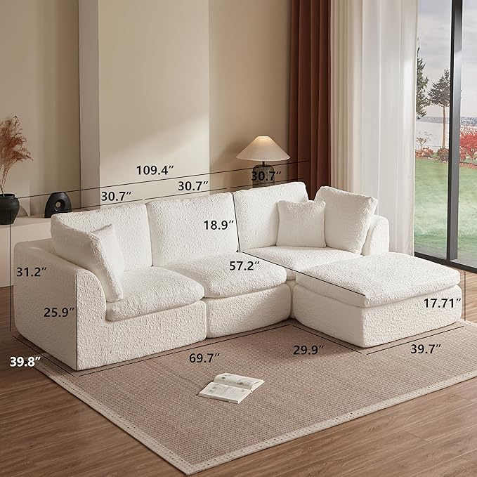 Cilee 110" Modular Sectional Sofa, Cloud Couch with Deep Seat, L-Shape Boneless Sofa, 3 Seat Memory Foam Sofa, No Assembly Required, Upholstered Couch for Living Room, Movable Ottoman, Chenille, White