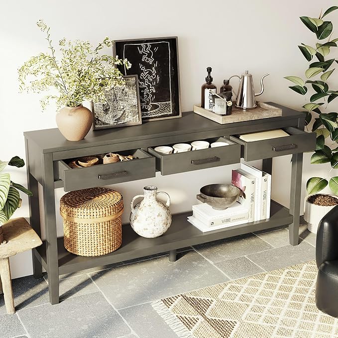 59" Console Table, Long Entryway Table with Storage, 3 Drawers Wood Console Table for Hallway Living Room, MDF Entryway Table Sofa Table Behind Couch, Modern Entry Table with Drawers