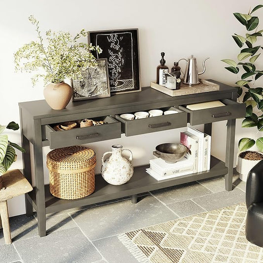 59" Console Table, Long Entryway Table with Storage, 3 Drawers Wood Console Table for Hallway Living Room, MDF Entryway Table Sofa Table Behind Couch, Modern Entry Table with Drawers