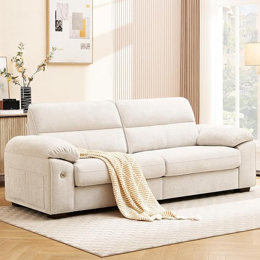 Ihanherry 92" Modern Sofa for Living Room, Deep Seat Chenille Couch with Fast Charging Port & Removable Washable Cushions, Pillow-Armrest Loveseat for Small Space/Apartment, Sturdy Frame, Beige