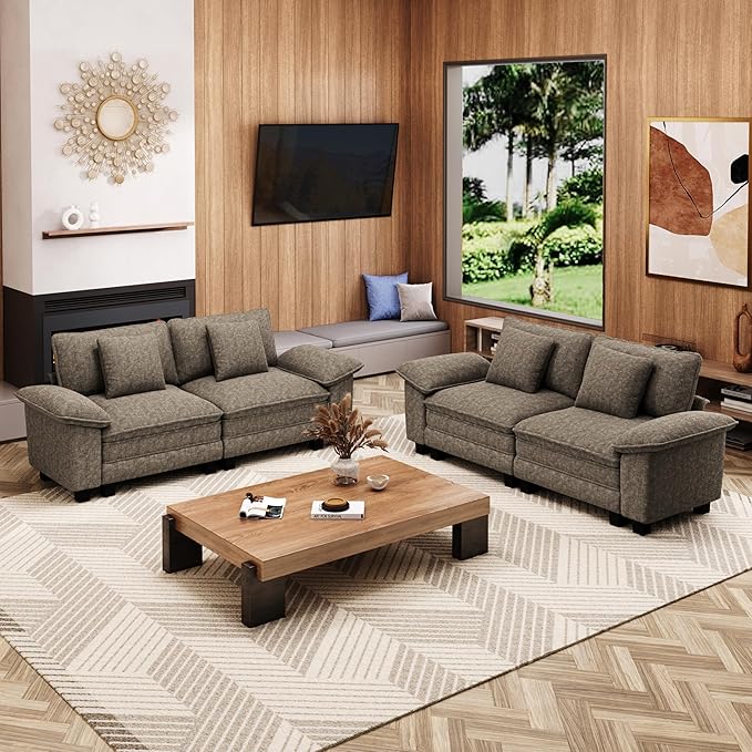 L-Shaped Cloud Modular Sofa Set, Deep Seat 2-Piece 4-Seater Sectional Couch & Removable Arms, Plush Chenille for Living Room - Smoky Gray