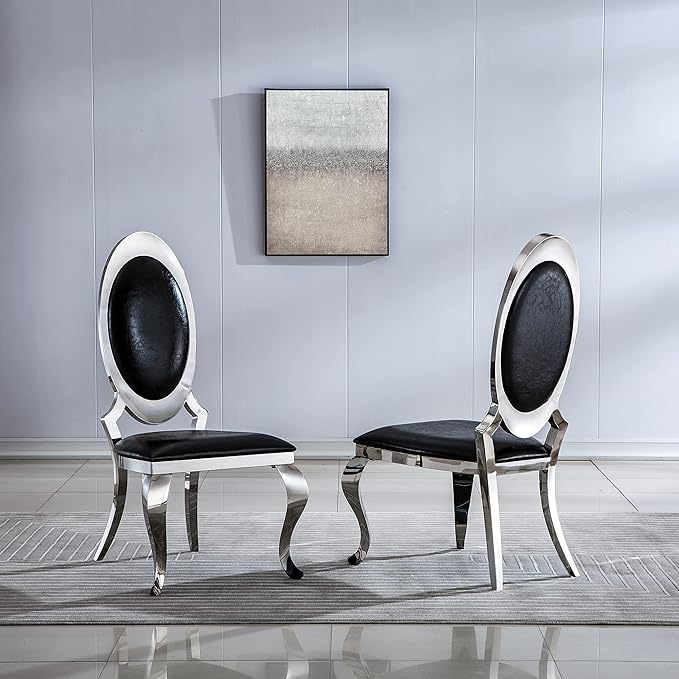 Goujxcy Dining Chair Set of 2, Leatherette Dining Chairs with Silver Legs,Upholstered Dining Chairs, Armless Side Chair,Modern Kitchen Chairs, Chair with Silver Stainless Steel Legs (Black& Silver2)