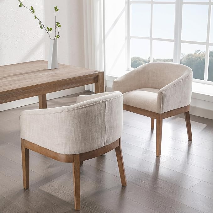 Dining Chairs Set of 6 Mid-Century Modern Dining Chairs, Linen Upholstered Kitchen Dining Room Chairs, Curved Backrest Dining Chair with Wood Legs, Beige