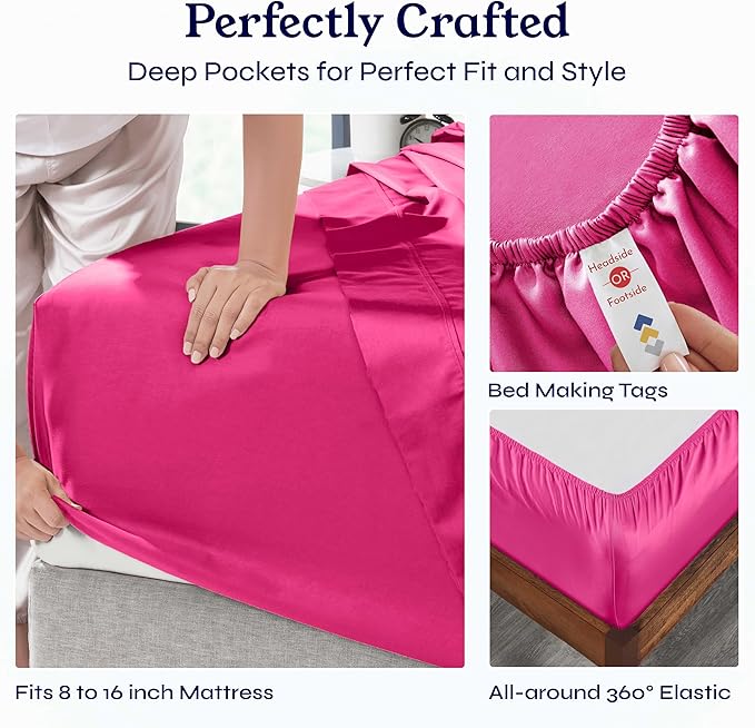 California Design Den Natural 100% Cotton Sheets Full Size Bed - 400 Thread Count Sateen, Deep Pockets with All Around Elastic, Soft, Cool and Durable Bedding - Hot Pink