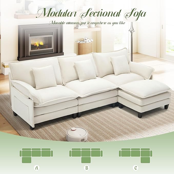 Comfy Cloud Couch with Movable Ottoman, Modular Sectional Sofa, 106" L Shaped Modern Sofa with Pillows, Deep Seat Couches for Living Room, Bedroom and Apartment, Beige
