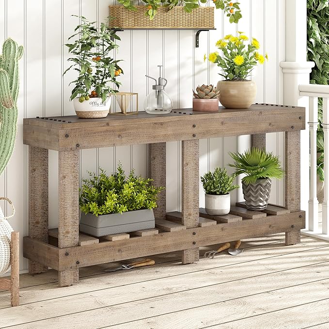 62.9" Vintage Entryway Table - Solid Cedar Wood with Natural Grain, 6 Reinforced Legs & 4.5" Thick Desktop, Metal Rivet Decor & Plank Under-Shelf, Console Table for Hallway, Living Room (Natural)