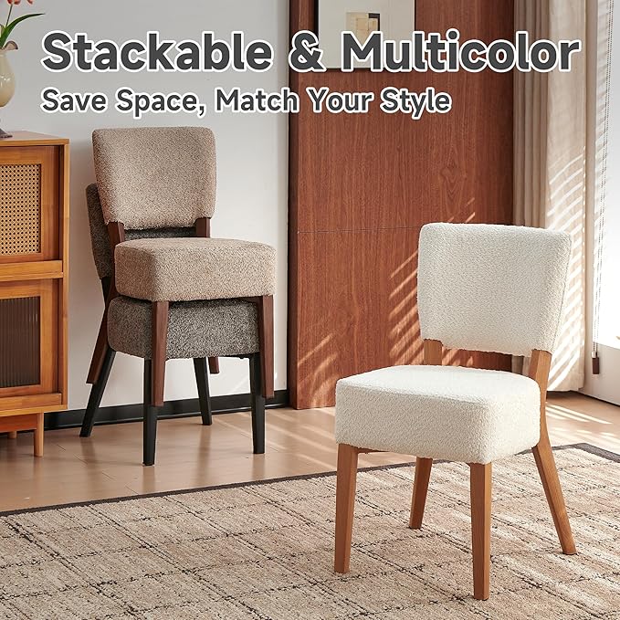 Howtek Modern Dining Chairs Set of 2 with 6.3" Thick Seat Cushions, Space-Saving Stackable Upholstered Kitchen Chairs, Ergonomic Backrest & Wood Grain Metal Legs, White