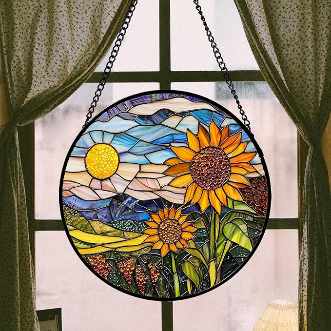 Stained Glass Suncatcher, Sunflower Flowers Landscape Sun Catcher Plant Mountains Stain Glass Window Hanging Decoration Mother's Day Birthday Gifts for Women Men Mom Nana 7.8 in