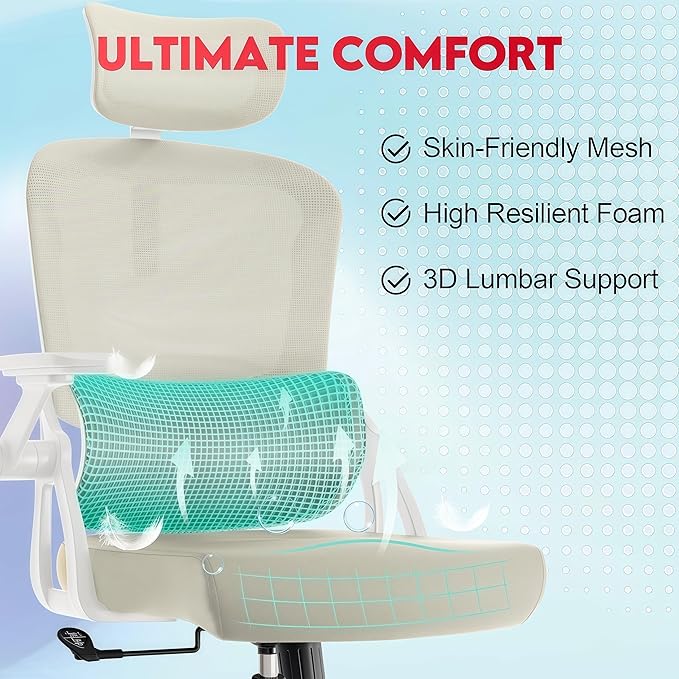 Ergonomic Office Chair - 400LB Comfy Desk Chairs with Adjustable Headrest and Lumbar Back Support, Mesh Computer Chairs with Wheels and Arms for Home Office, Study, Bedroom and Dorm (01khaki)