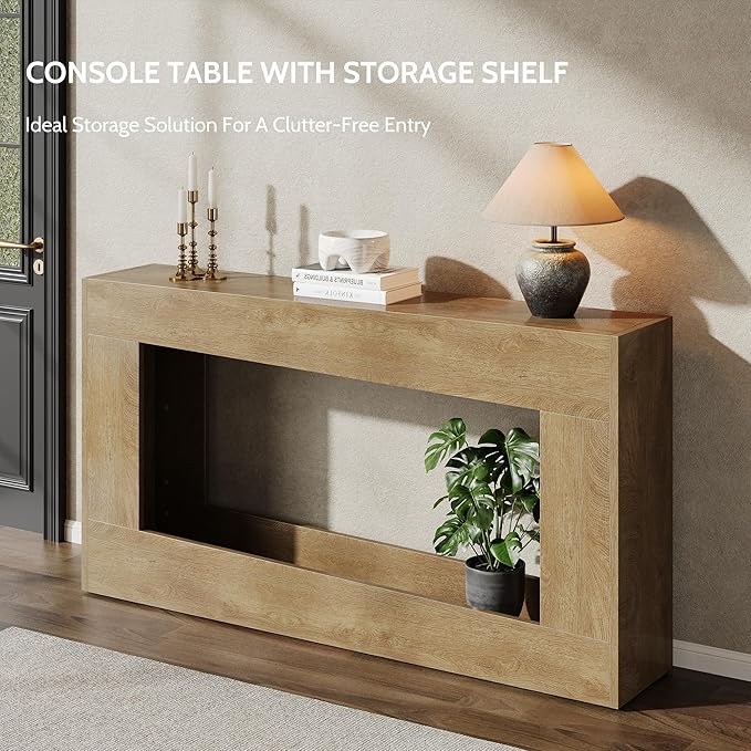 63-Inch Long Console Table, Wood Entryway Table with Storage Shelf, Farmhouse Narrow Sofa Table Behind The Couch for Living Room, Entryway, Hallway (Natural)