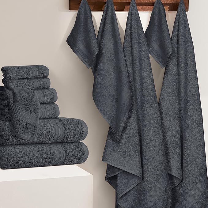 BOUTIQUO 24 Pack Cotton Towel Set, Contains 6 Bath Towels 27x54 inch, 6 Hand Towels 16x24 inch & 12 Wash Coths 12x12 inch, Ideal Everyday use, Ultra Soft Compact & Lightweight - Charcoal Grey