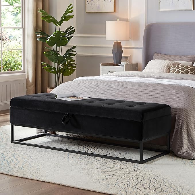 mikibama Velvet Storage Bench,58.6" Long Ottoman with Storage for Living Room,Tufted Storage Benches for Bedroom End of Bed,Entryway,Rectangle Window Seating Bench with Storage. (Velvet Black)