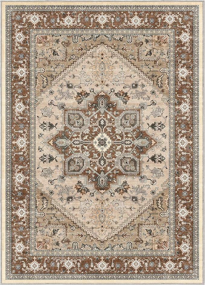 OPPODREAM Thin Area Rugs 5x7, 5x7 Washable Rug with Non Slip Backing, 5 x 7 Faux Cashmere Low-Pile Carpet, Brown