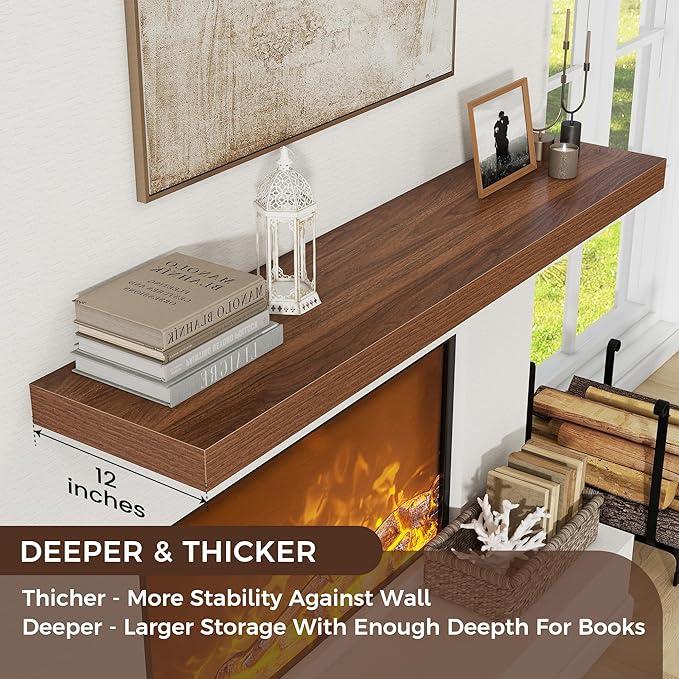 Floating Shelves for Wall, 72 Inch Wide x 12 Inch Deep Floating Shelves, Long Wood Floating Wall Shelf Shelves for Living Room Bathroom Bedroom Kitchen Home - (Walnut, 72" W x 12" D x 2" H)