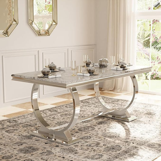 Asday 72 inch Modern Dining Room Table with Silver Stainless Steel Metal U-Base in Grey Silver