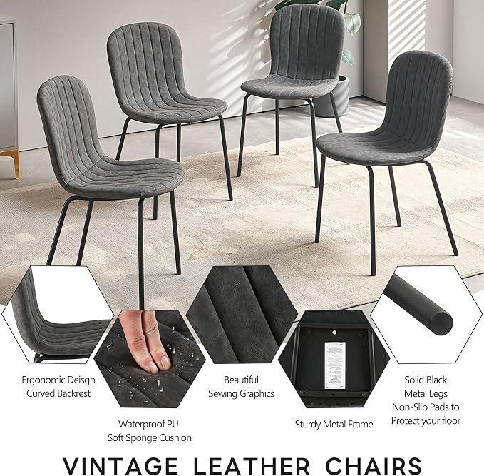 Home Kitchen Chairs Upholestered Set of 4, Ergonomic Dining Room Chairs Comfortable Faux Leather PU Living Room Chairs with Metal Legs