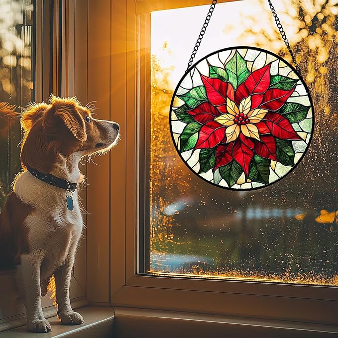 Stained Glass Window Hanging - Red Poinsettia Birth Flower Sun Catcher for Door Garden Home Decor Suncatcher Christmas Mother's Day Birthday Gifts for Women Men Mom Girl Nana Friend 6.3 in