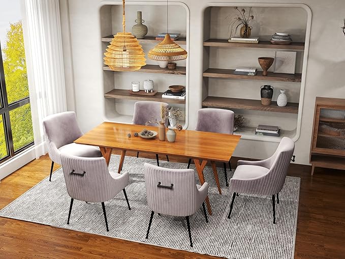 Velvet Dining Chairs Set of 6,Gray Upholstered Living Room Chairs with Black Metal Legs, Modern Tufted Accent Chairs for Living Room, Study Room, Kitchen