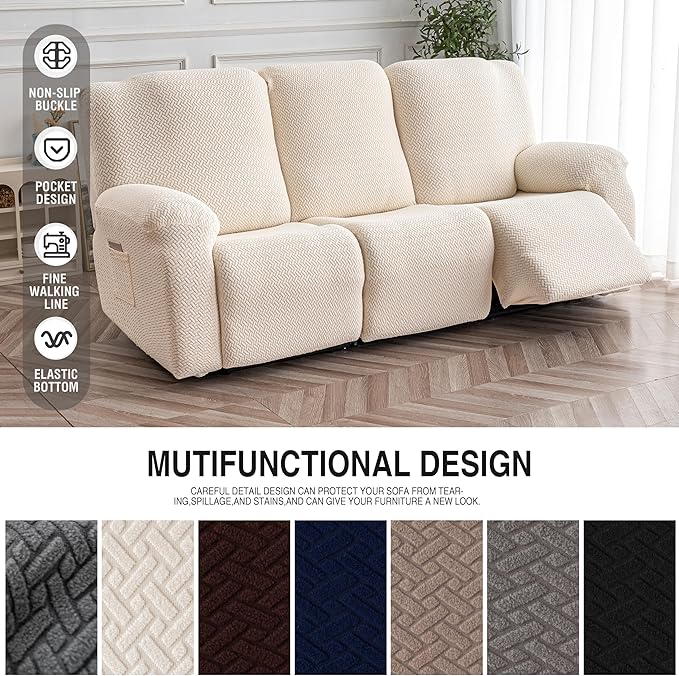 Genina Recliner Sofa Cover Stretch Couch Covers, Sofa Slipcover for Reclining Couch Thick Jacquard Furniture Protector Washable (Beige, 3 Seat)
