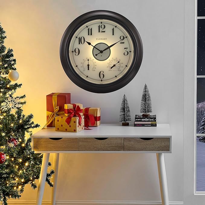 CLXEAST Illuminated Indoor Outdoor Clocks Waterproof 18 inch with Smart Night Light Sensor,Large Wall Clock with Thermometer & Hygrometer,Oil Rubbed Bronze Black,House Warming Gifts New Home