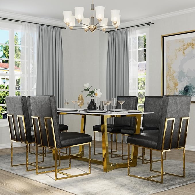 AUZ Black and Gold Faux Leather Dining Chairs Set of 6, Mid-Century Modern Luxury Upholstered Kitchen Room Chairs with Polished Stainless Steel Sled Legs