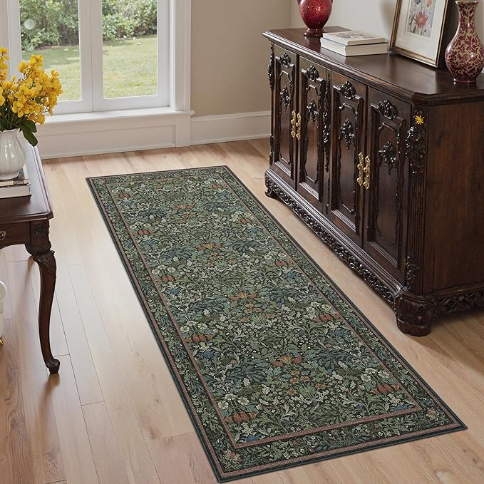 GENIMO Floral Washable Runner Rug 2’6”x6’, Non-Slip Long Hallway Carpet for Entryway, Kitchen, Indoor Floor Use, Vintage Boho Soft Thin Rug Décor, Dark Green