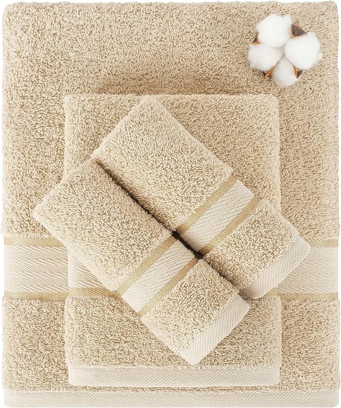 6 Piece 100% Turkish Cotton Towel Set, 2 Bath Towels 2 Hand Towels 2 Washcloths, Soft Absorbent Towels for Bathroom and Kitchen, Beige
