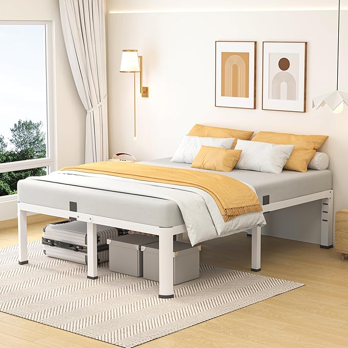 18 Inch Full Size Metal Bed Frame with Round Corners, Storage Space Under High Bed Frame-Heavy Duty Steel Slats Support, Noise Free - Easy Assembly - No Box Spring Needed,White