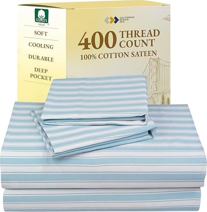 California Design Den Full Size Bed Sheets Set - 400 Thread Count Sateen, Natural 100% Cotton Sheets, Deep Pocket Cooling and Durable Bedding Set - Cape Stripe