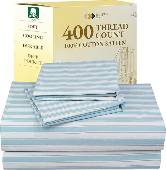 California Design Den Full Size Bed Sheets Set - 400 Thread Count Sateen, Natural 100% Cotton Sheets, Deep Pocket Cooling and Durable Bedding Set - Cape Stripe