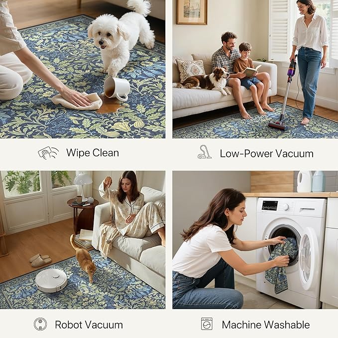 GENIMO 6x9 Washable Area Rug, Non-Slip Vintage Boho Floral Carpet, Soft Low-Pile Thin Living Room Rug for Bedroom, Dining Room, Nursery, Dark Blue