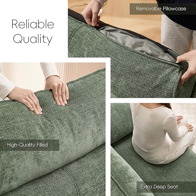 Ihanherry 72" Modern Sofa for Living Room, Deep Seat Chenille Loveseat with Fast Charging Port & Removable Washable Cushions, Pillow-Armrest Couch for Small Space/Apartment, Sturdy Frame, Green
