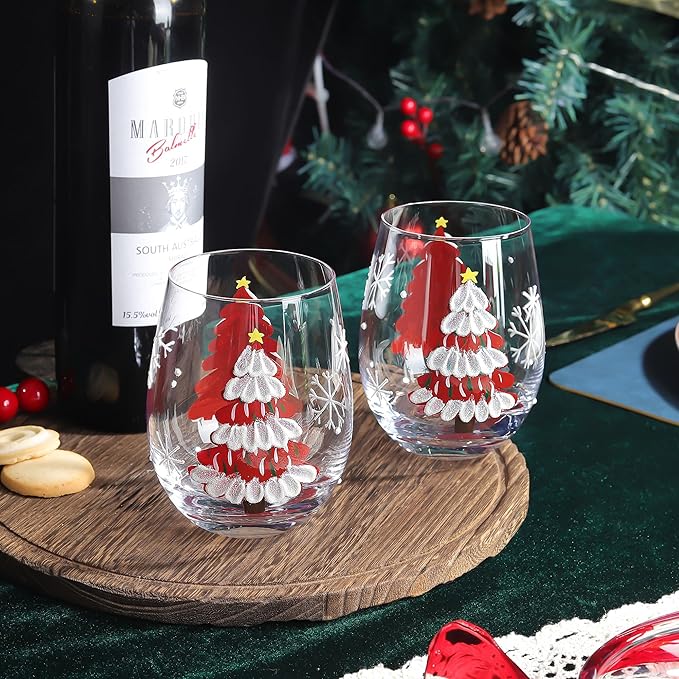 Joeyan Christmas Crystal Red Stemless Wine Glasses,Hand Painted Red or White Wine Glass Tumbler Cups,Large Xmas Tree and Snowflakes Patterned Drinking Glasses,Gift for Men Women Family,19 oz,Set of 2