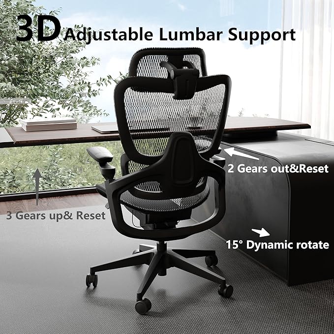 Ergonomic Office Chair, Big and Tall Mesh Computer Gaming Chair with Headrest, Work Chair with Adaptive Lumbar Support, 5D Armrest,90-130°Tilt, Model Zen (All Black)
