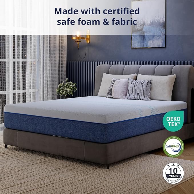 EGOHOME 10 Inch Twin XL Mattress, Gel Memory Foam with Charcoal, Fiberglass Free, CertiPUR-US Certified, Temperature-Regulating, Machine Washable Cover, 80" x 38" x 10", Medium