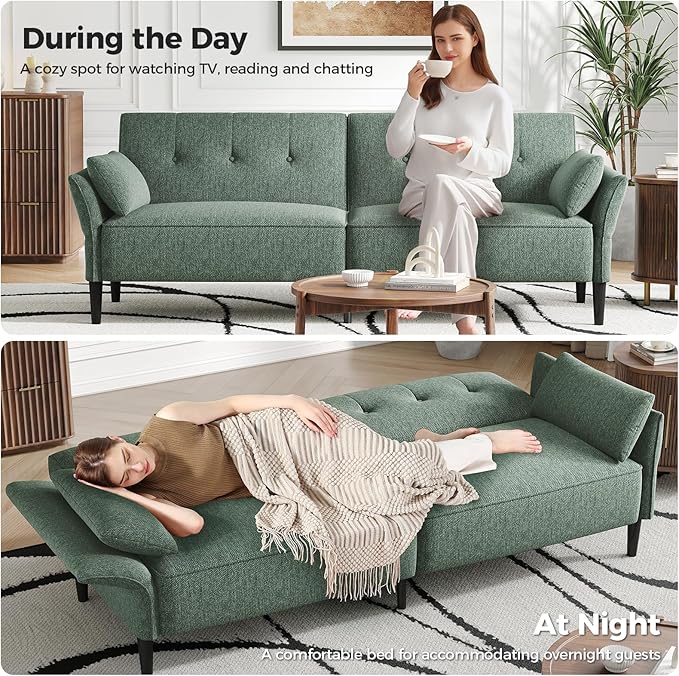 89” Futon Sofa Bed,Comfy Futon Couch Bed with 2 Square Pillows,Convertible Sleeper Sofa with Adjustable Backrest& Armrests, Modern Loveseat Sleeper for Living Room, Bedroom, Linen Green