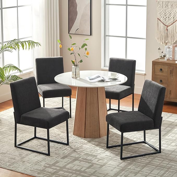 VKNOW Upholstered Dining Chairs Set of 2, Modern Dining Room Chairs, Linen Kitchen Chair Dinner Chair with Black Metal Base for Kitchen Office, Dark Grey-Unstriped