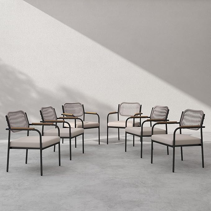 Outdoor Dining Chairs Set of 6, Wicker Patio Dining Chairs with Removable Cushions, Rectangle Patio Table Chair, All Weather Outdoor Chairs, Metal Lawn Chair for Adults/Indoor/Deck, Beige