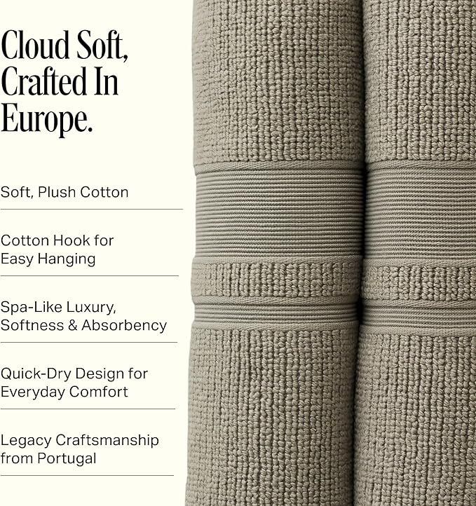 Preston Lane Douro Hand Towel Set – 2 Pack Luxury Cotton Towels, Ultra Soft & Absorbent, Quick-Dry Spa-Quality Bathroom Towels, Made in Portugal, Eucalyptus
