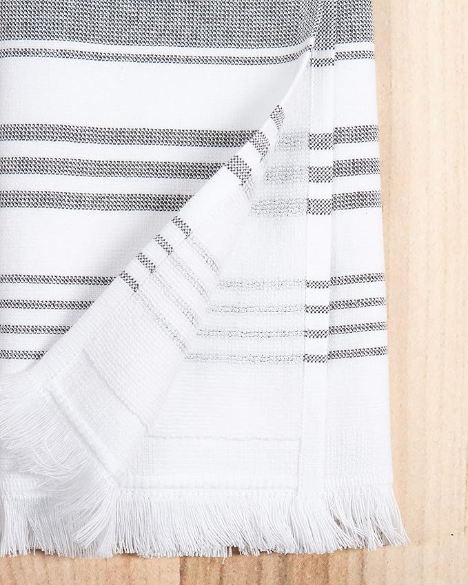 Sticky Toffee Hand Towels for Bathroom Set of 2 – 28x16 in White and Gray Striped Turkish Towels, Soft and Absorbent Decorative 100% Cotton Bath Towels