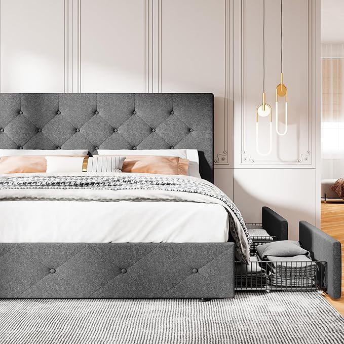 MUTICOR Full Size Bed Frame with 4 Storage Drawers, Upholstered Platform Bed with Button Tufted Adjustable Headboard, No Box Spring Needed, Easy Assembly, Diamond Tufted, Dark Grey Fabric
