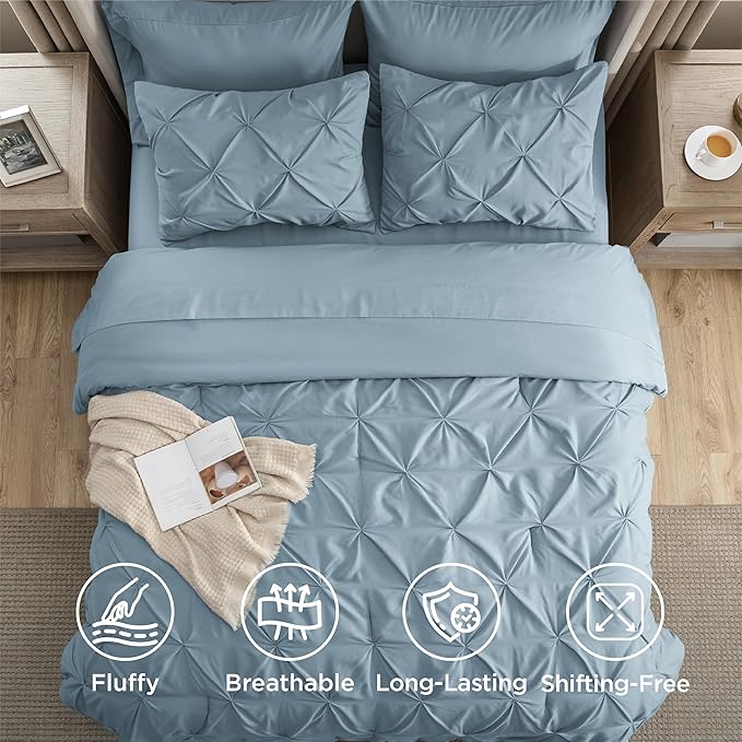 Bedsure King Size Comforter Set Light Blue - Bed in a Bag Bedding Set 7 Pieces, GentleSoft™ Pintuck Bed Set Gift for Family, Pinch Pleat Light Blue Comforter with Sheets, Pillowcases & Shams