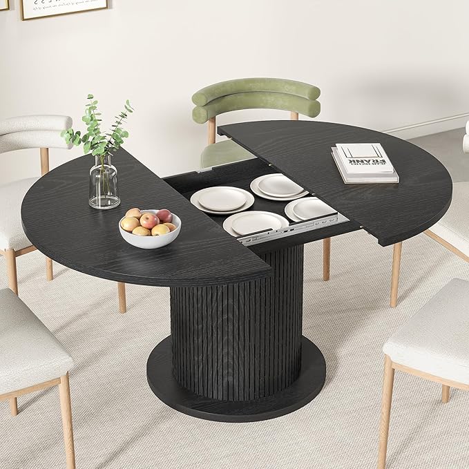 43.3 inch 59 inch Adjustable Size Round Dining Table for 4 6, Unique Design Modern Farmhouse Kitchen Table, Circle Dining Tables with Wood Strip Base for Kitchen Living Room (Black)