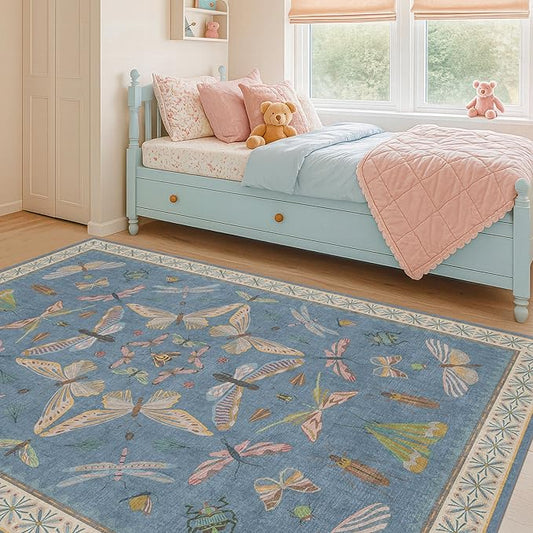Washable Blue Rugs for Bedroom Bedside - 3x4 Area Rug for Large Kitchen, Entrance Indoor, Boho Insect Print Bug Décor, Non Slip Low Pile Fade Resistant