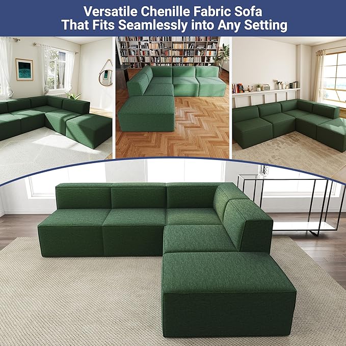 97"+57" 5-Piece Modular Sectional Sofa Convertible Cube Couch 2 3 4 Seat Set, L-Shape, Thick Foam No Assembly for Living Room (3xArmless+1xCorner+1xOttoman) Fabric Chenille Dark Green
