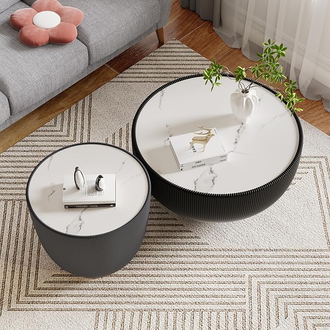 Round Coffee Table Set with Sintered Stone Tabletop, 27.56" Black Drum Center Table and 19.69" Grey Coffee Table Set, 2 Pieces Living Room Table Set with Fluted PU Leather Cover& Metal Base