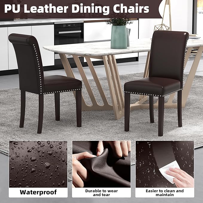 Westice Dining Room Chairs Set of 2 Upholstered PU Leather Kitchen Chairs Dining Room Side Chair with Nailhead Trim and Rubber Wood Legs for Small Space Apartment, Brown