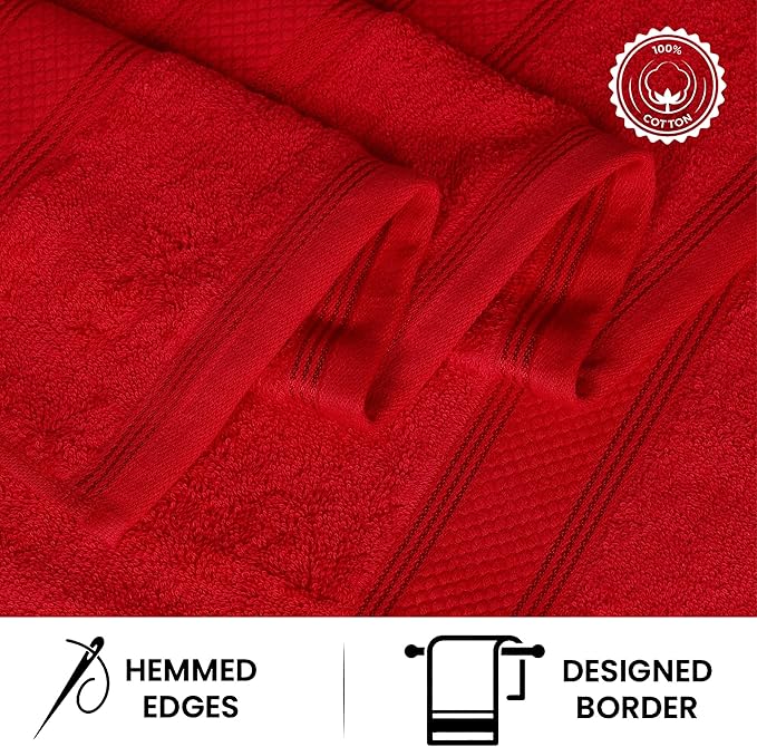 Casa Lino Bath Towel Set of 8 (2 Bath Towels, 4 Wash Cloths & 2 Hand Towels for Bathroom) - 100% Cotton - Highly Absorbent & Quick Dry - Guest Room Essentials for Bathroom Set - (Red)